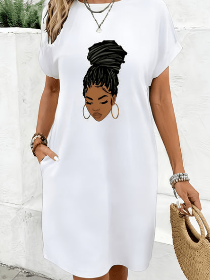 Womens Black Magic Graphic Oversized T-Shirt Dress, Casual Short Sleeve Pocket Summer Streetwear Dress
