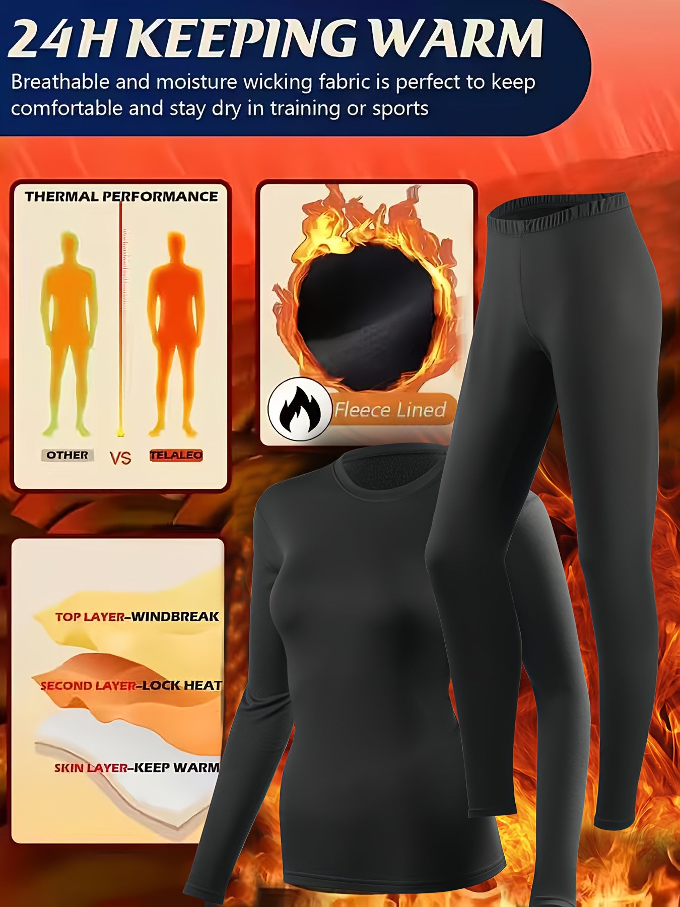 2pcs Women's Thermal Underwear Set, -Lined Leggings Compression Thermal Sleepwear, Loungewear & Activewear Base Layer Set Perfect for Winter Sports, Outdoor Adventures, And Everyday Casual Wear Ideal for Skiing, Yoga, And Cycling