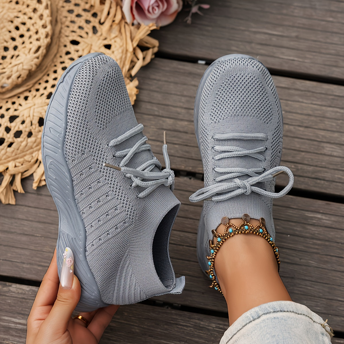 Women's Lightweight Sneakers - Minimalist Running Shoes with Ankle Sock, Breathable Fabric Upper & Cushioned PVC Sole - Lightweight for, Gym, Walking - Spring Athletic Footwear (Lace-Up Closure)