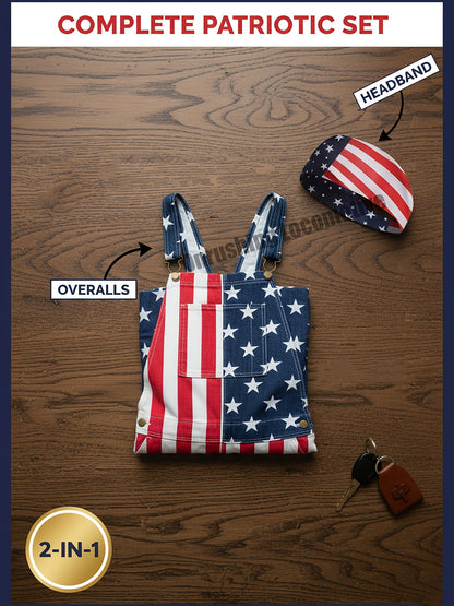 American Independence Day Flag Jumpsuit Bib Shorts, Independence Day Bandana, Perfect for Independence Day Celebrations