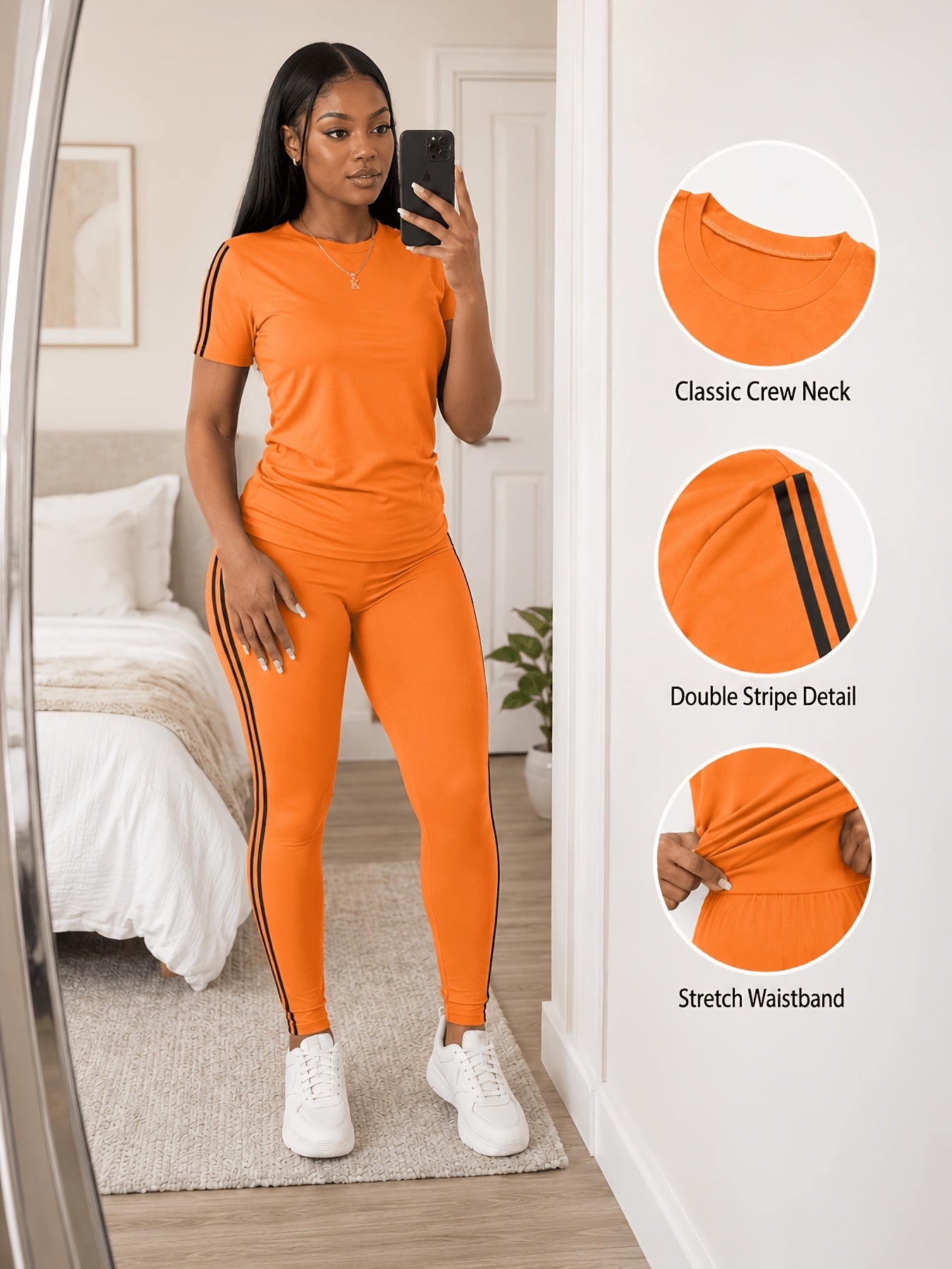 Women's Two-piece Casual swear Striped Edge Short Sleeved Round Neck Pullover, Slim Fit Striped Edge Pants Set, s Suit
