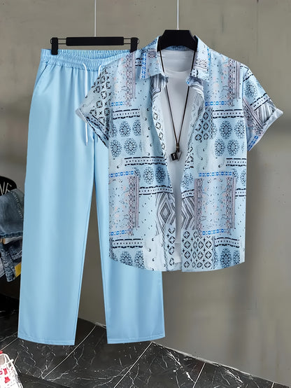 2pcs Men'S Summer Short Sleeve Button-Up Shirt and Pants Set - Light Blue Geometric Print, Casual Regular Fit with Drawstring Waist, Non-Stretch Fabric, Perfect for Casual Attire, Everyday Clothing | Geometric Print Shirt | Woven Fabric Shirt