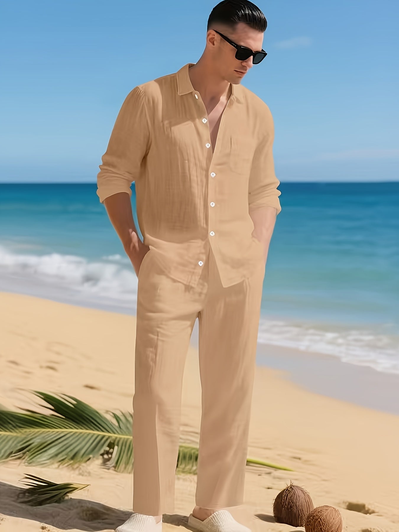 Men's Linen Casual 2pcs Set Breathable Long Sleeve Shirt & Pants Set Semi-Formal Casual Beach Vacation Wear