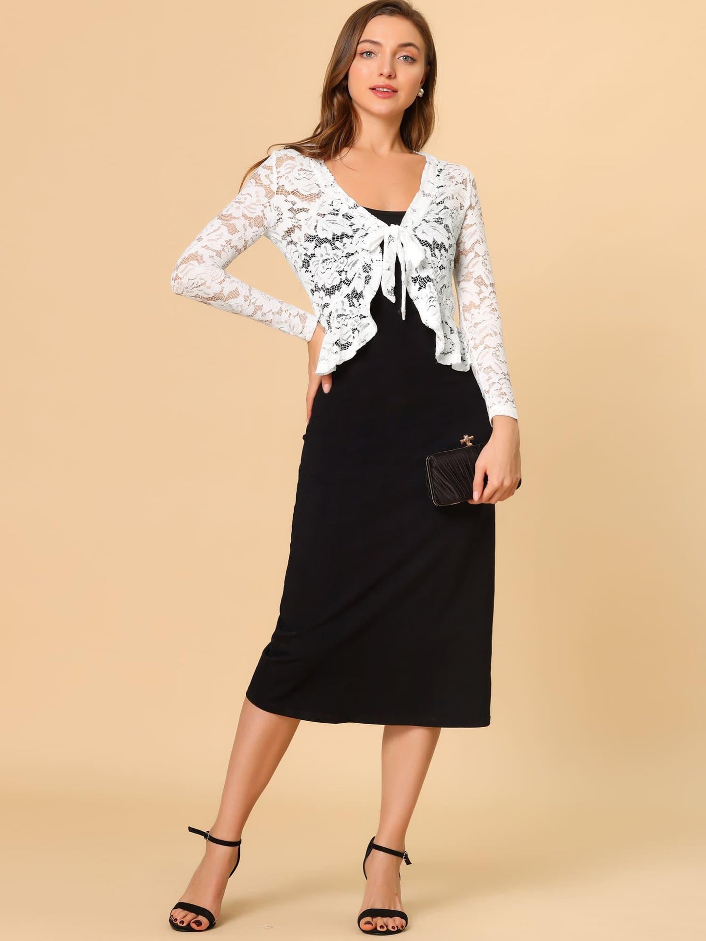 Women's Sheer Crop Bolero Cardigan - Semi-Sheer Lace Shrug with Ruffled Hem & Tie-Front Closure, Blouse for Sleeveless Dresses/Tank Tops (Machine Washable, Spring/Summer Wedding/Office/Cardigan) - 90% Nylon/10% Spandex