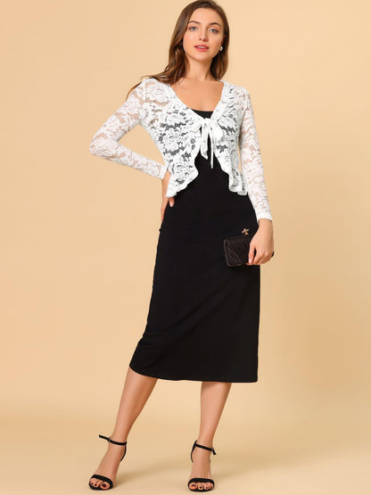 Women's Sheer Crop Bolero Cardigan - Semi-Sheer Lace Shrug with Ruffled Hem & Tie-Front Closure, Blouse for Sleeveless Dresses/Tank Tops (Machine Washable, Spring/Summer Wedding/Office/Cardigan) - 90% Nylon/10% Spandex