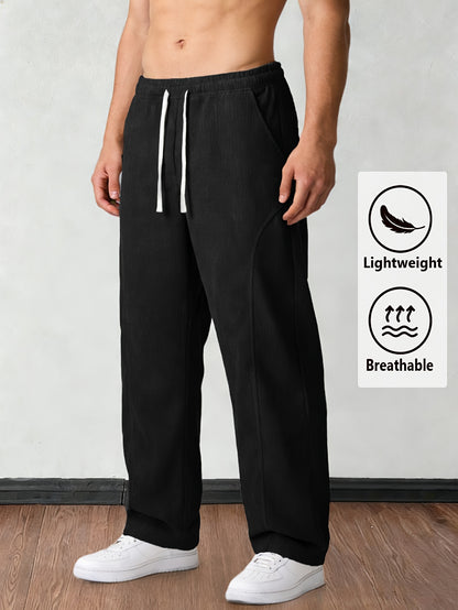 Men'S Solid Corduroy Straight Pants, Retro Pocket And Drawstring Waist, Breathable All-Season Trousers, Casual Daily And Workwear, Machine Washable, Comfortable Straight Fit Pants for Daily Activities