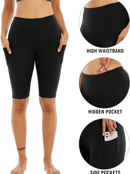 4pcs Women's High-Waisted Yoga Shorts with Pockets, Stretchy Fitness Running Cycling Workout Shorts with Tummy Control
