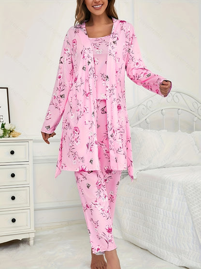3pcs Floral And Butterfly Print Pajama Set - Long Sleeve Belted Robe & Cami Top & Pants Lounge For All Seasons