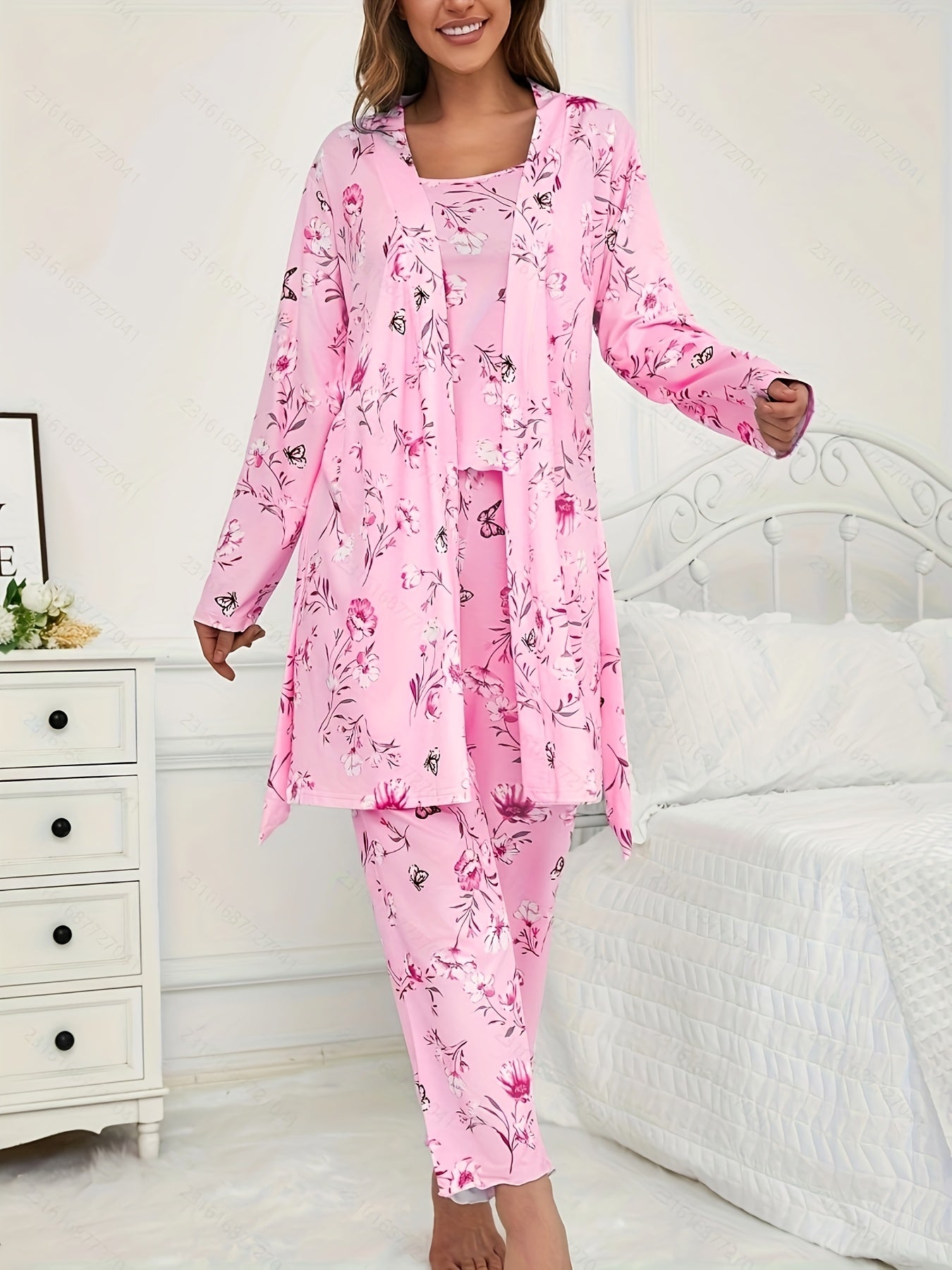 3pcs Floral And Butterfly Print Pajama Set - Long Sleeve Belted Robe & Cami Top & Pants Lounge For All Seasons