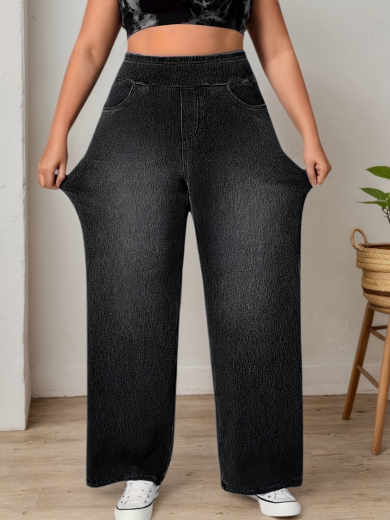 Women's Plus Size High-Waisted Wide-Leg Denim Pants - Stretch Elastic Waistband Beltless -Line Trousers, Wash-Finished Solid Blue Jeans Suitable for All-Season Casual Wear, Office, Everyday Outfits (Machine Washable)