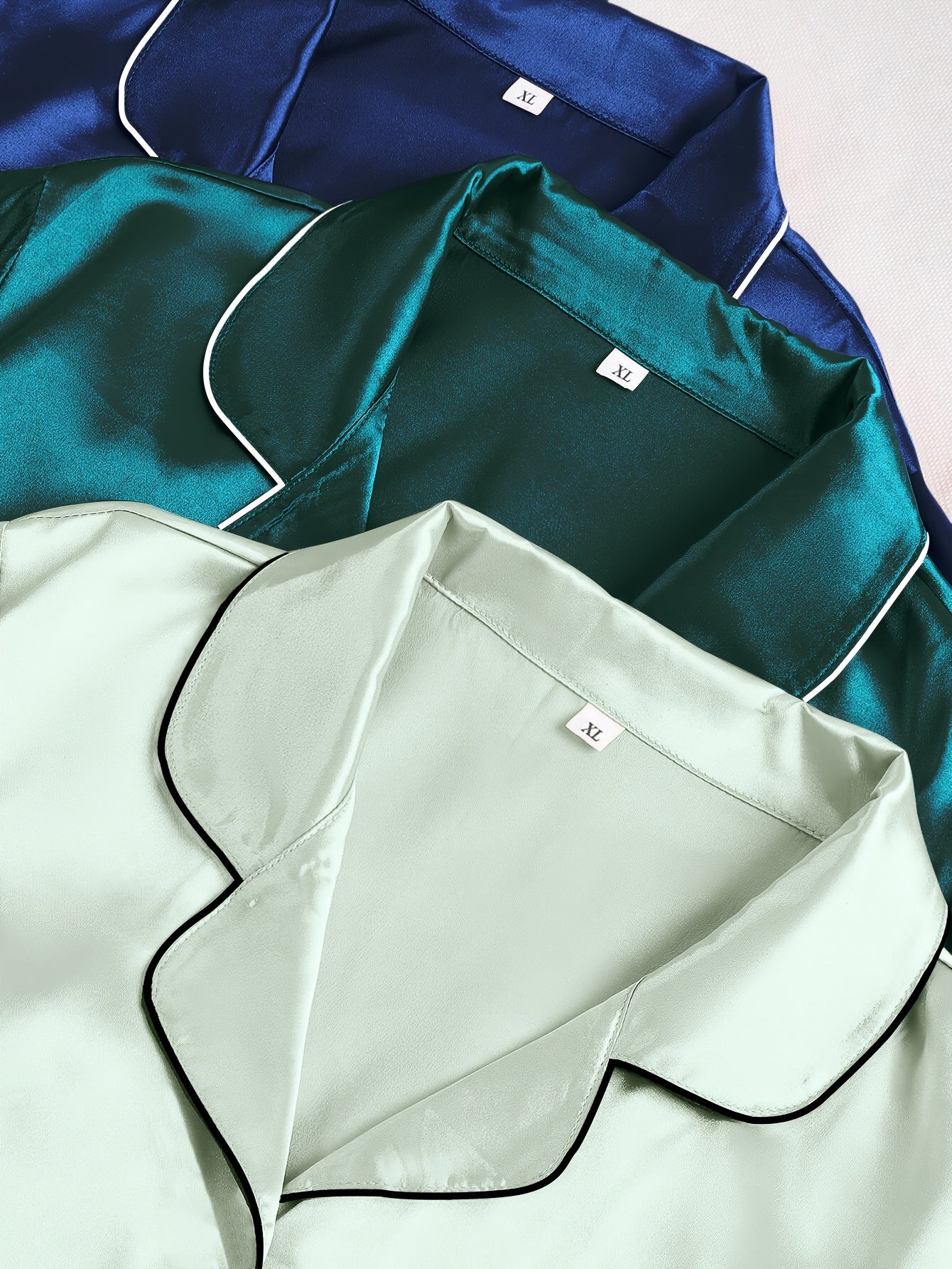 Casual, Fashionable, and Comfortable 6pcs Set in 3 Colors: Solid, Plain, Satin, and Satin Trim Short-Sleeve Shirt & Elastic Waist Shorts Pajama Set