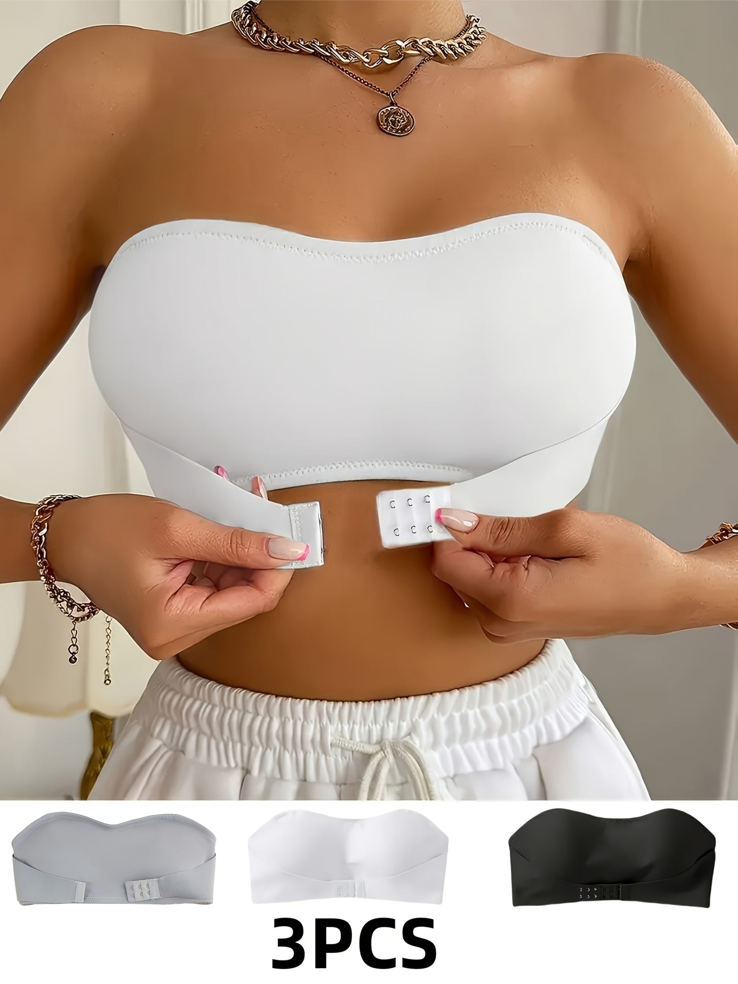 1/2/3pcs Women's Traceless Strapless Bra Set - Comfortable Without Steel Ring Thickened Design, Black, White, Meter, Pink
