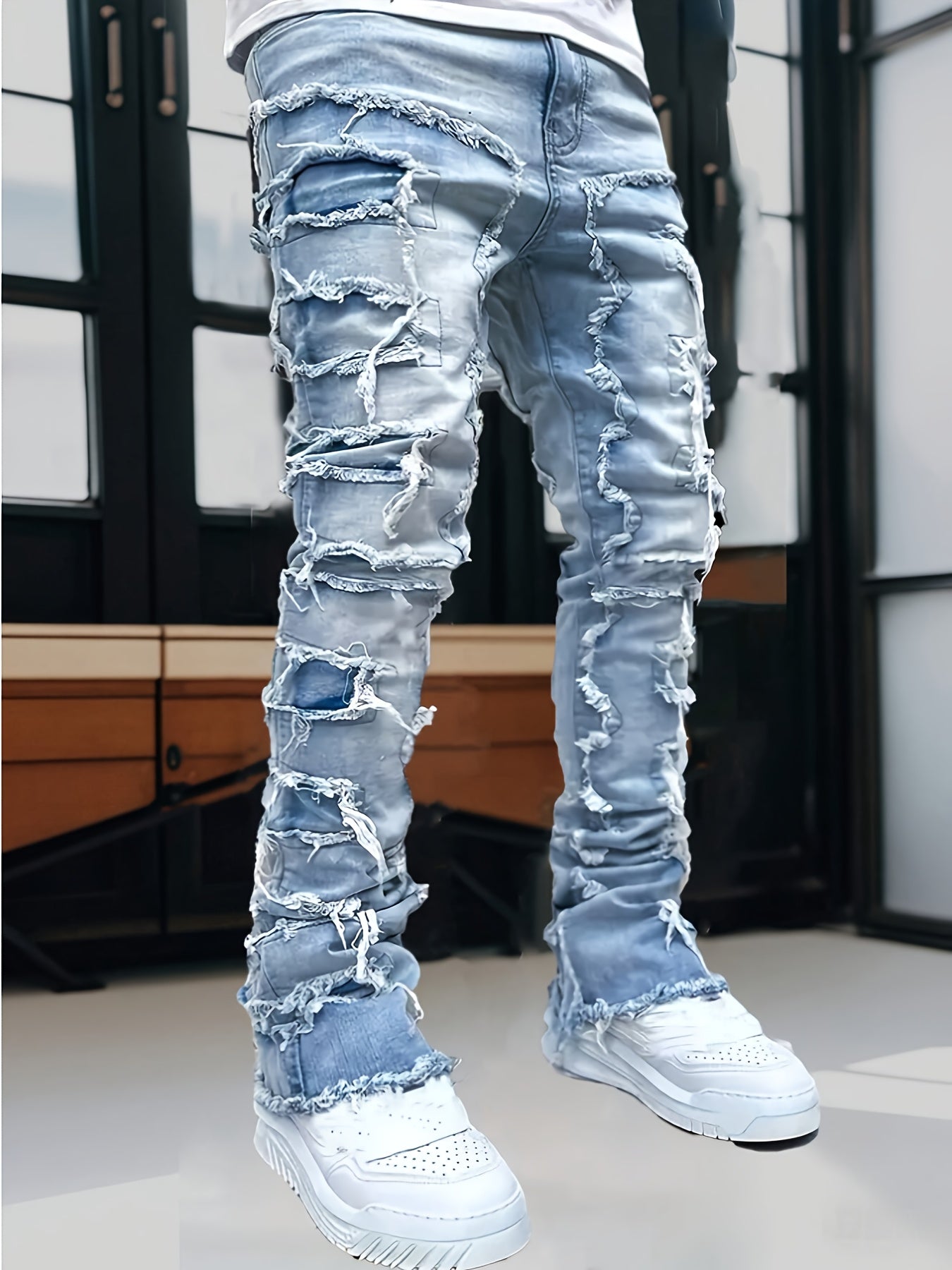 Men's Slim-Fit Distressed Frayed Hem Jeans - Stretch Denim with Mid-Rise Waist & Tapered Cuff, 64% Blend, All-Season Casual Pants for Outdoor & Casual Attire