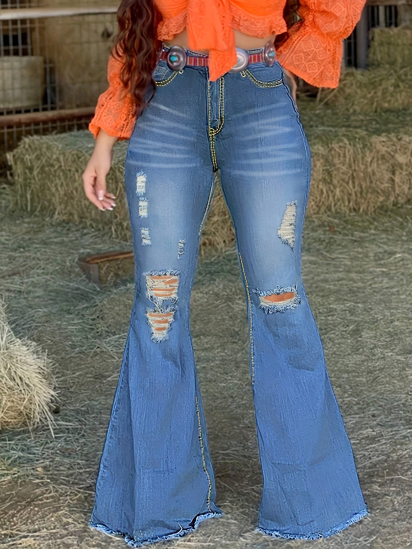 High-Waisted Bootcut Jeans for Women - Classic Blue Stretchy Jeans with a Sexy Distressed Design