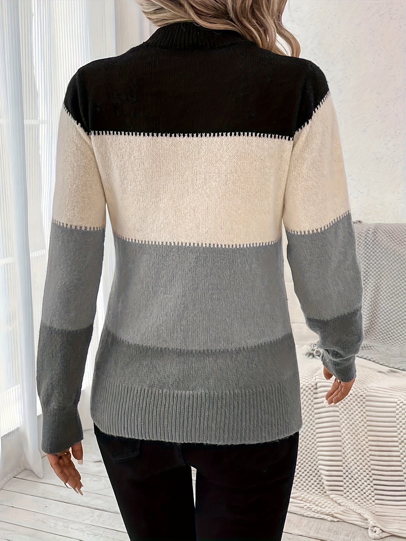 Women's Fall And Winter Color Blocking Round Neck Sweater Pullover Long-sleeved Sweater Casual Versatile Tops