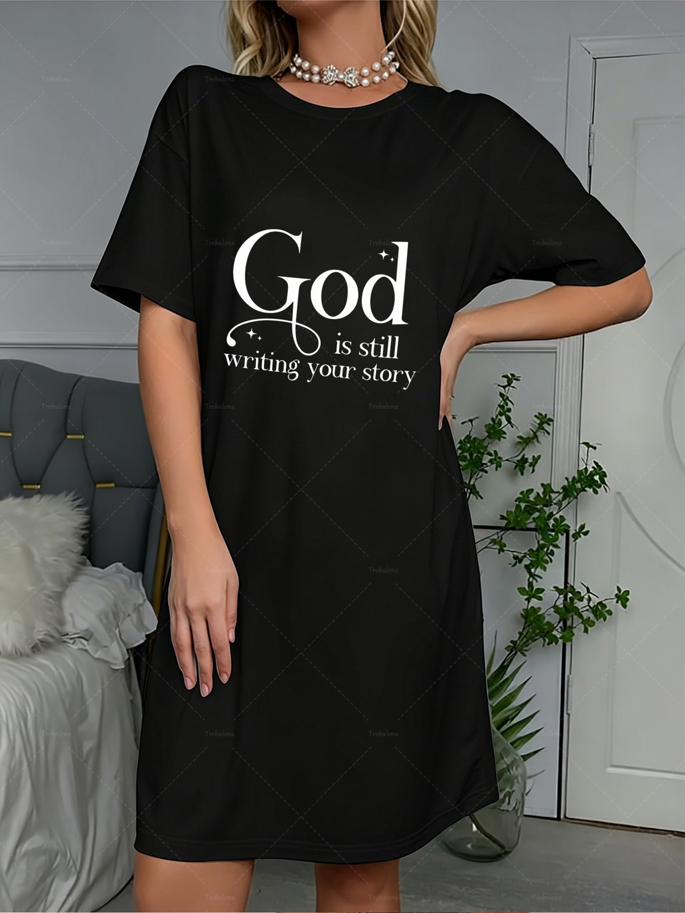 Women'S Plus Size Patterned Dress, Plus Size Nightgown, "God Is Still Writing Your Story", Plus Size Comfortable Women'S Pajamas, Short Sleeves, Soft And Breathable, Loose Fit, Casual Home Wear And Outing Wear