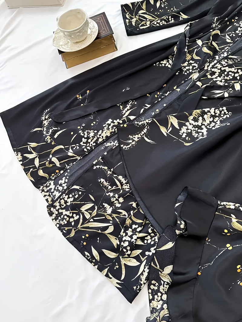 Women'S Printed Pajamas Set - Set (Including Robe, Short Suspender, Shorts And Skirt), Cherry Printed Pajamas, Loose, Soft And Comfortable