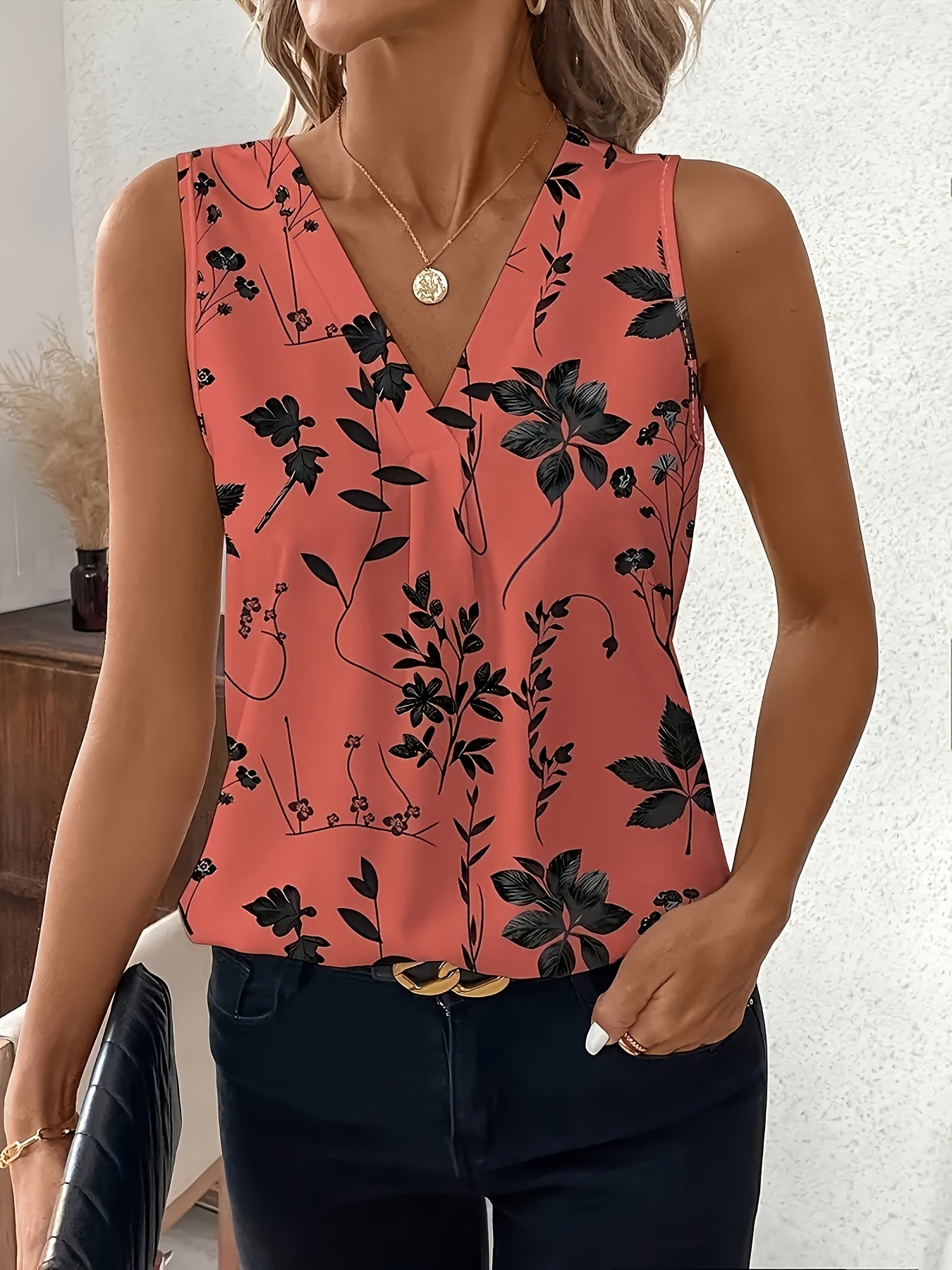 A 3pcs Set Of Elegant Directional Flower-printed Sleeveless Vest