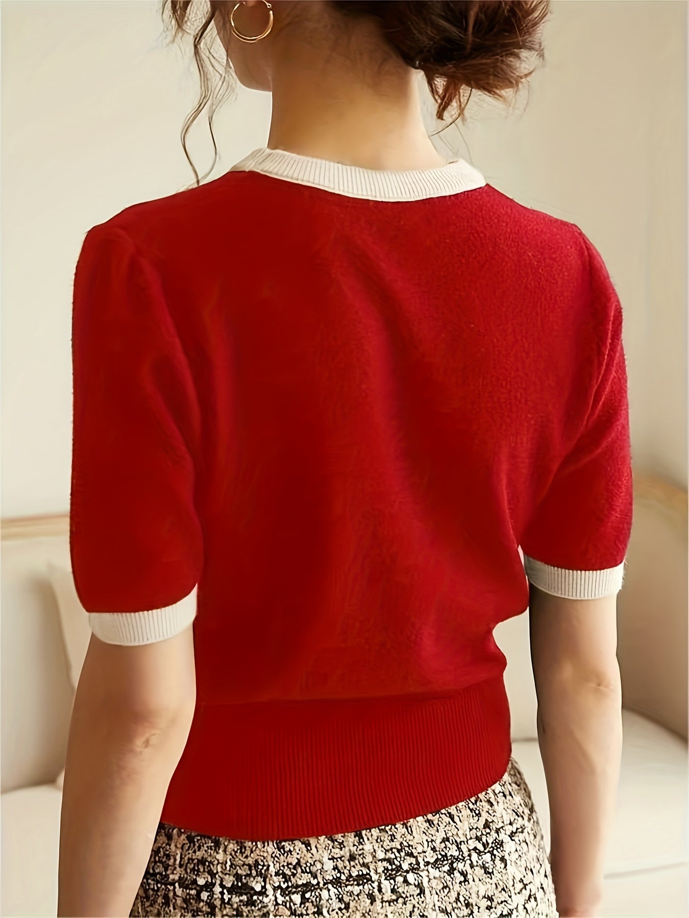 Spring/Summer/Autumn Contrast Trimming Round Neck Holiday Casual Elegant Party Business Commuter Gift Knitted Top T-shirt