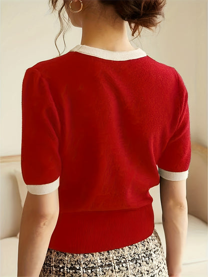 Spring/Summer/Autumn Contrast Trimming Round Neck Holiday Casual Elegant Party Business Commuter Gift Knitted Top T-shirt
