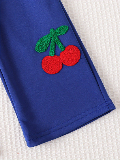 2pcs Girls' Set Including A Top and Pants in Klein Blue with Cherry Pattern, Suitable for Spring and Autumn, Perfect for Outdoor
