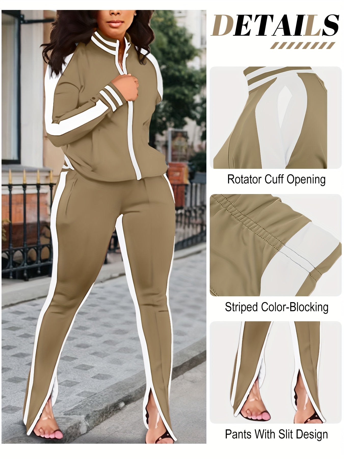 Women's 2pcs Athletic Tracksuit Set, Striped Contrast Shoulder Slit Top & Zipper Hem Sporty Pants, Activewear Lounge Set