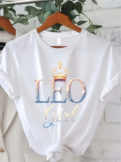 Women'S Fashion Casual Top Featuring a Round Neck and Loose Fit T-Shirt with a Lion Wearing a Shiny Crown Print, Festive Holiday Party Outfit for Adults, Playful Seasonal Print, Durable Print Quality, Seasonal Apparel
