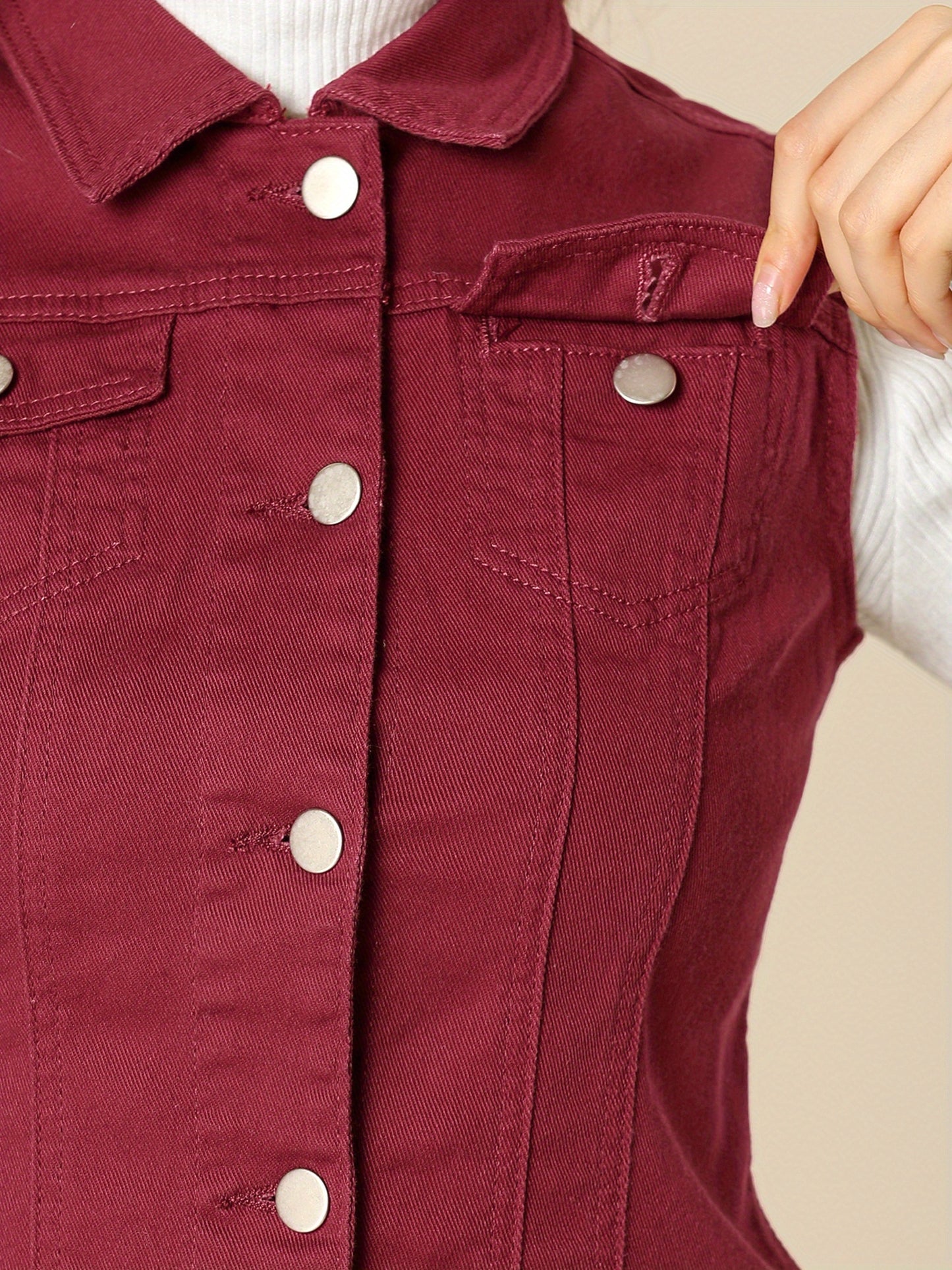 Women's Buttoned Washed Denim Vest Jacket W Chest Flap Pockets