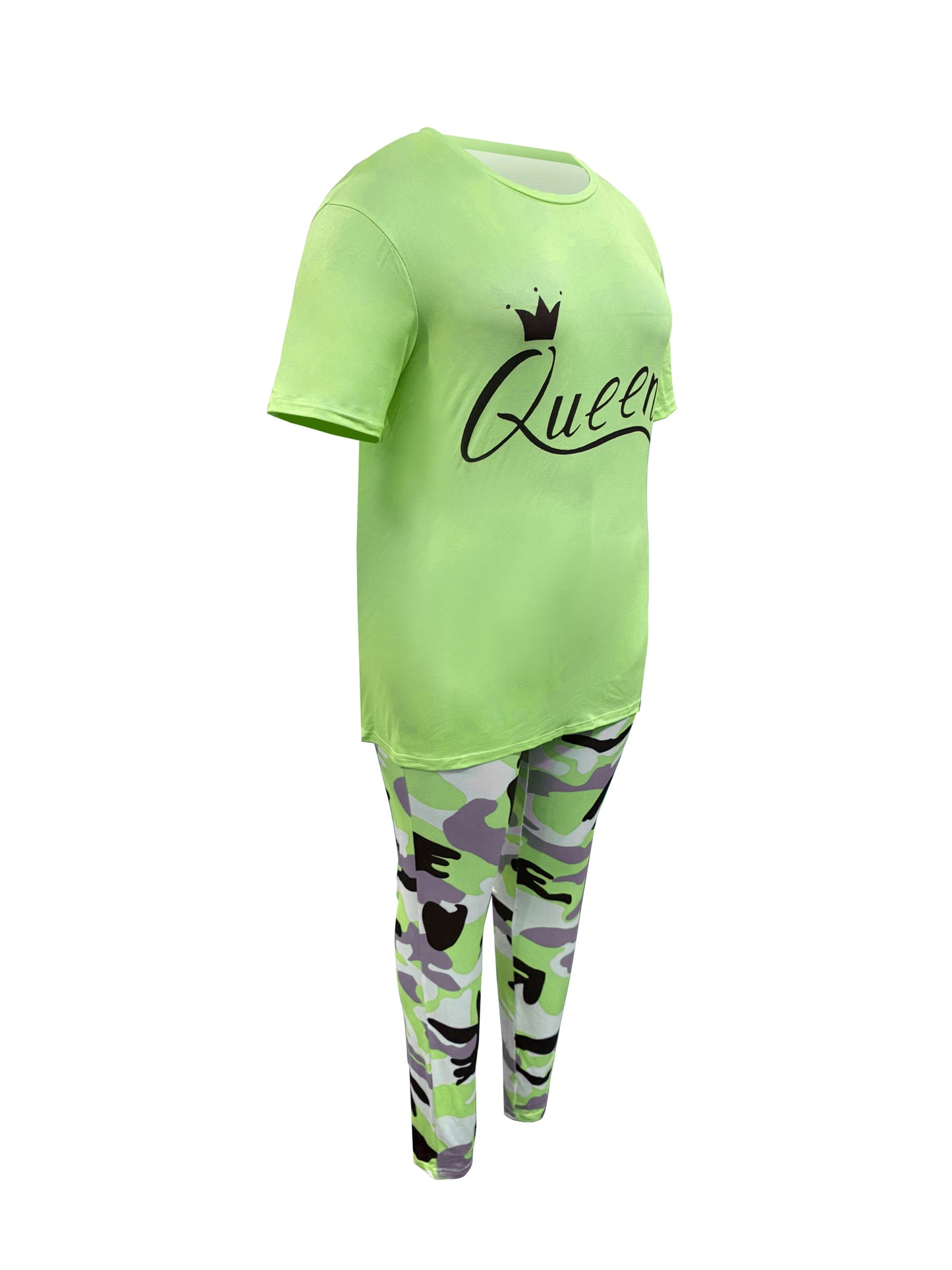 Plus Size - LADIES' Plus Size Daily Fashion Casual Set: Letter Print Crew Neck Short Sleeve T-shirt + Camouflage Long Pants With Pockets