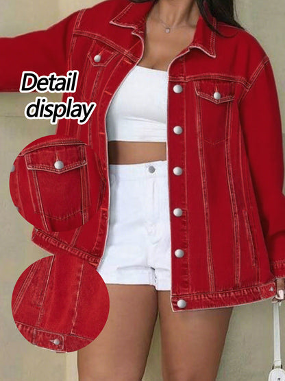 Plus Size Solid Color Collared Button-Front Denim Jacket - Women's Mature Stylish Street Casual Style Loose Fit Daily Comfortable Autumn Winter Plus Size Denim Top