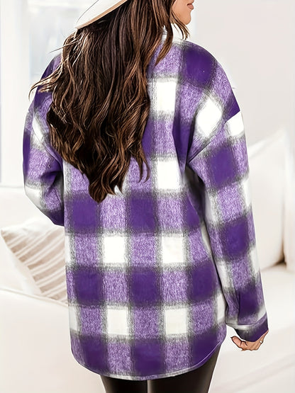 Plaid Shirt Jacket - Women'S Long Sleeve Button Coat for Casual Commute Date Night