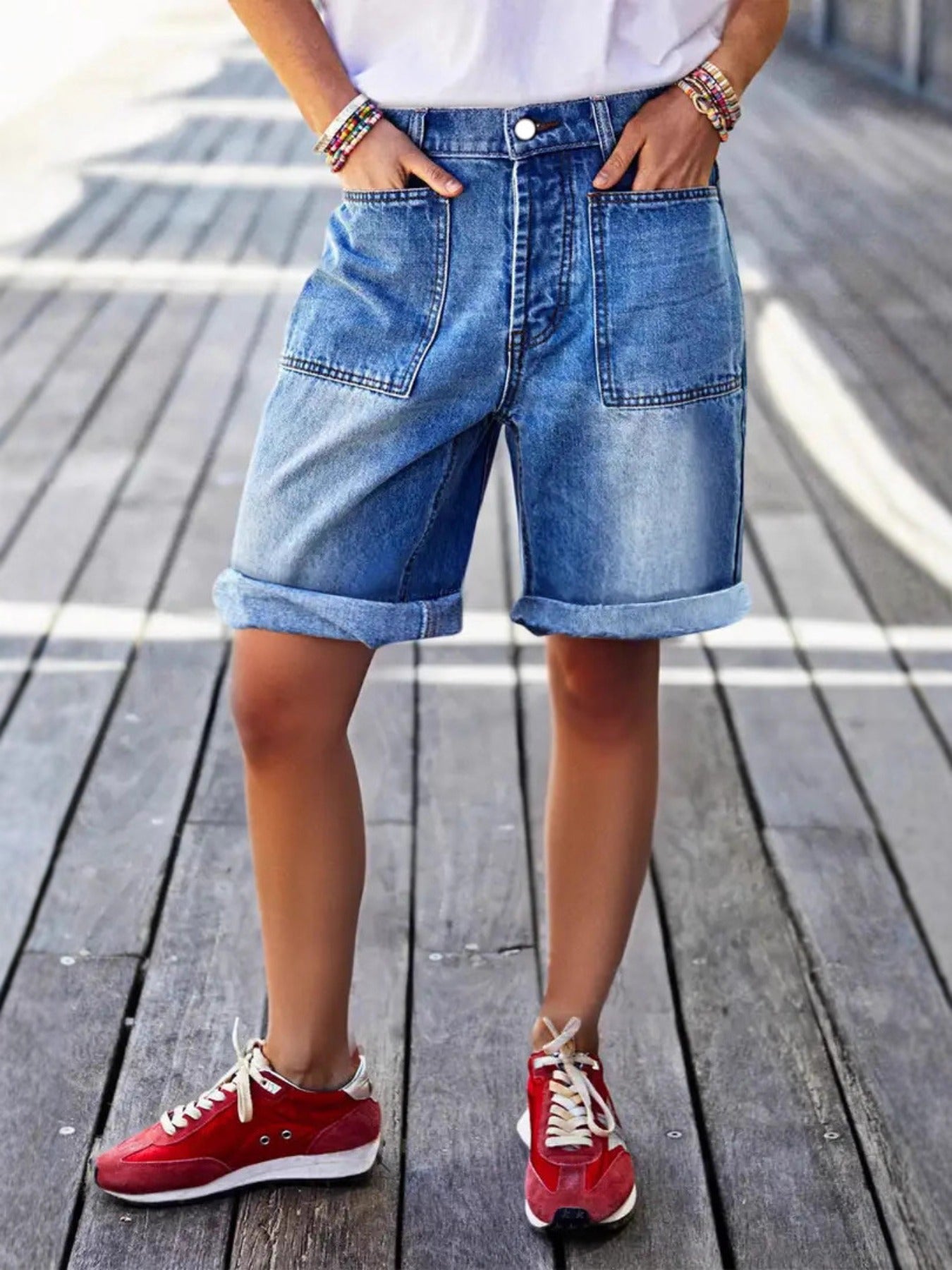 Plus Size Women Summer ClothesWomen'S Elastic Fashion Plus-Size Denim Shorts - Loose High-Waisted Wash Process, Rolled Wide-Leg Fashionable Cut, Elastic Fabric For Lifting The Buttocks And Tightening The Abdomen