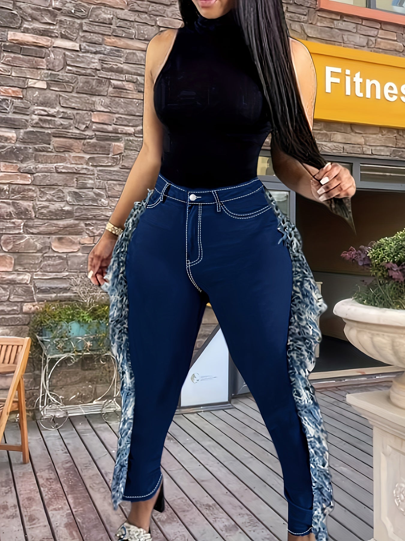 Oversized Deep Blue Fringed Diagonal Pockets, Distressed Fringed Jeans, Y2K Fringed Leggings, Tight Pants, High Waisted Elastic, Comfortable, Casual And Fashionable Oversized Jeans