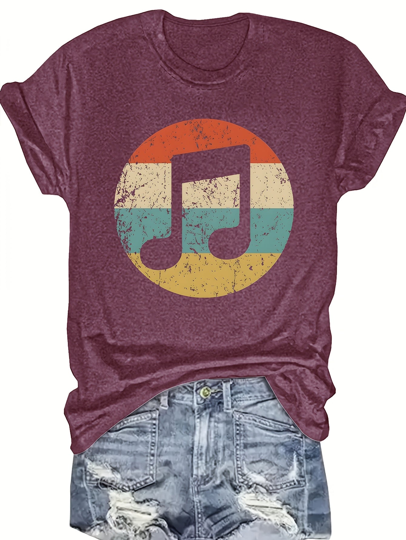 Women's Casual Music Note & Rest Signature () T-Shirt - Round Neck Short Sleeve Top, Non-Transparent Fabric Suitable for Festivals, Concerts & Daily Wear - Machine Washable Musical Score Blouse