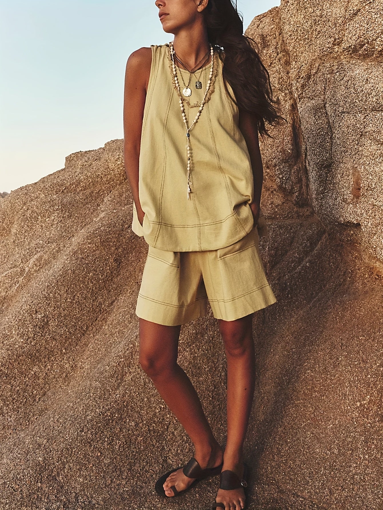 Womens 2pcs Outfits Sleeveless Matching Sets A Line Tank Tops Contrast Stitching High Waist Shorts with Pockets