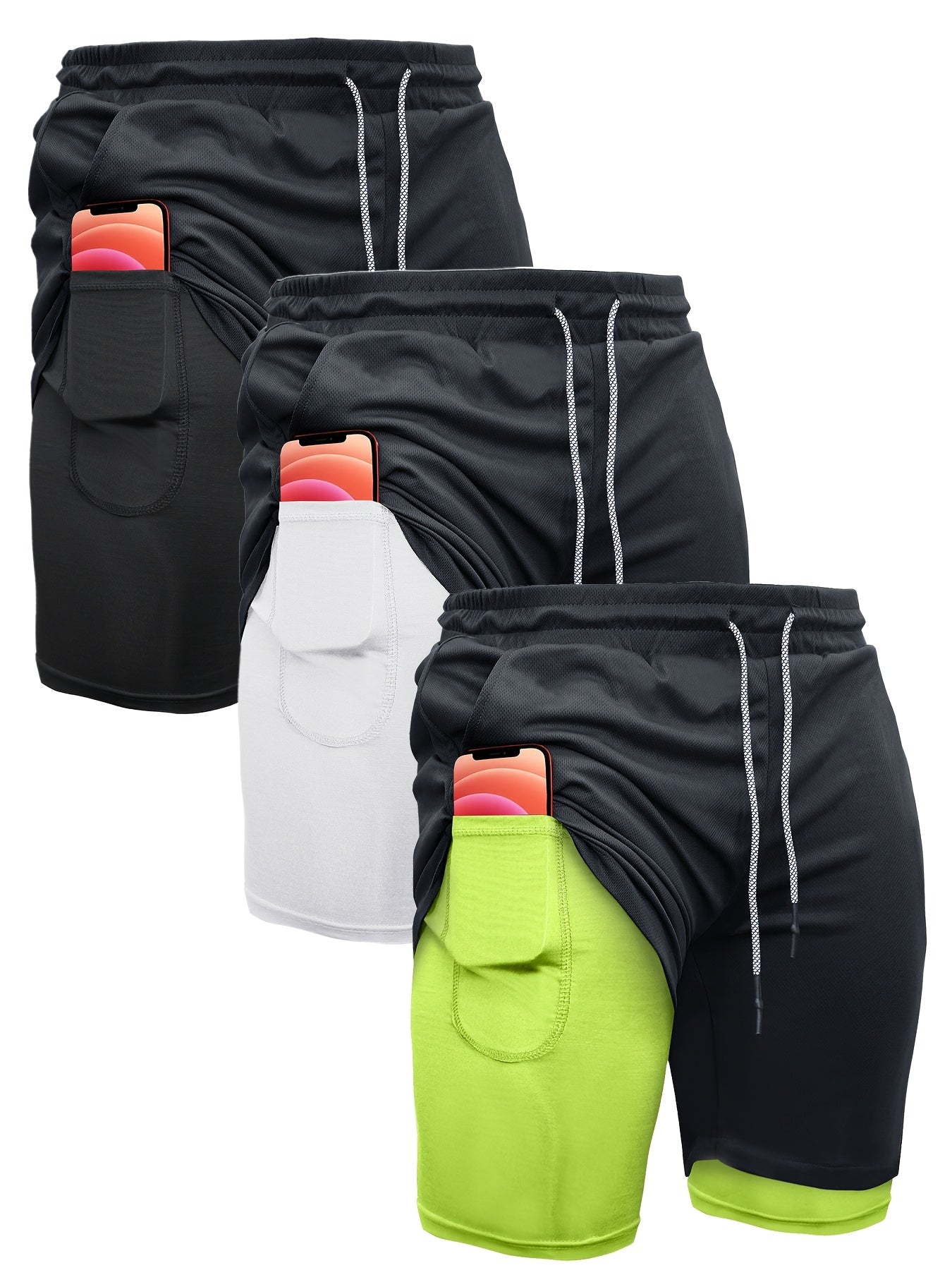 3pcs Men's 2-in-1 Double-layer Shorts with Inner Pocket, High Stretch Sports Shorts, Suitable for Summer Running, Gym Exercise And Training