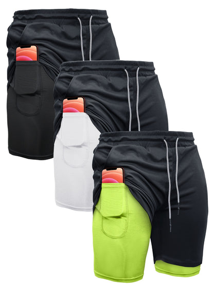 3pcs Men's 2-in-1 Double-layer Shorts with Inner Pocket, High Stretch Sports Shorts, Suitable for Summer Running, Gym Exercise And Training