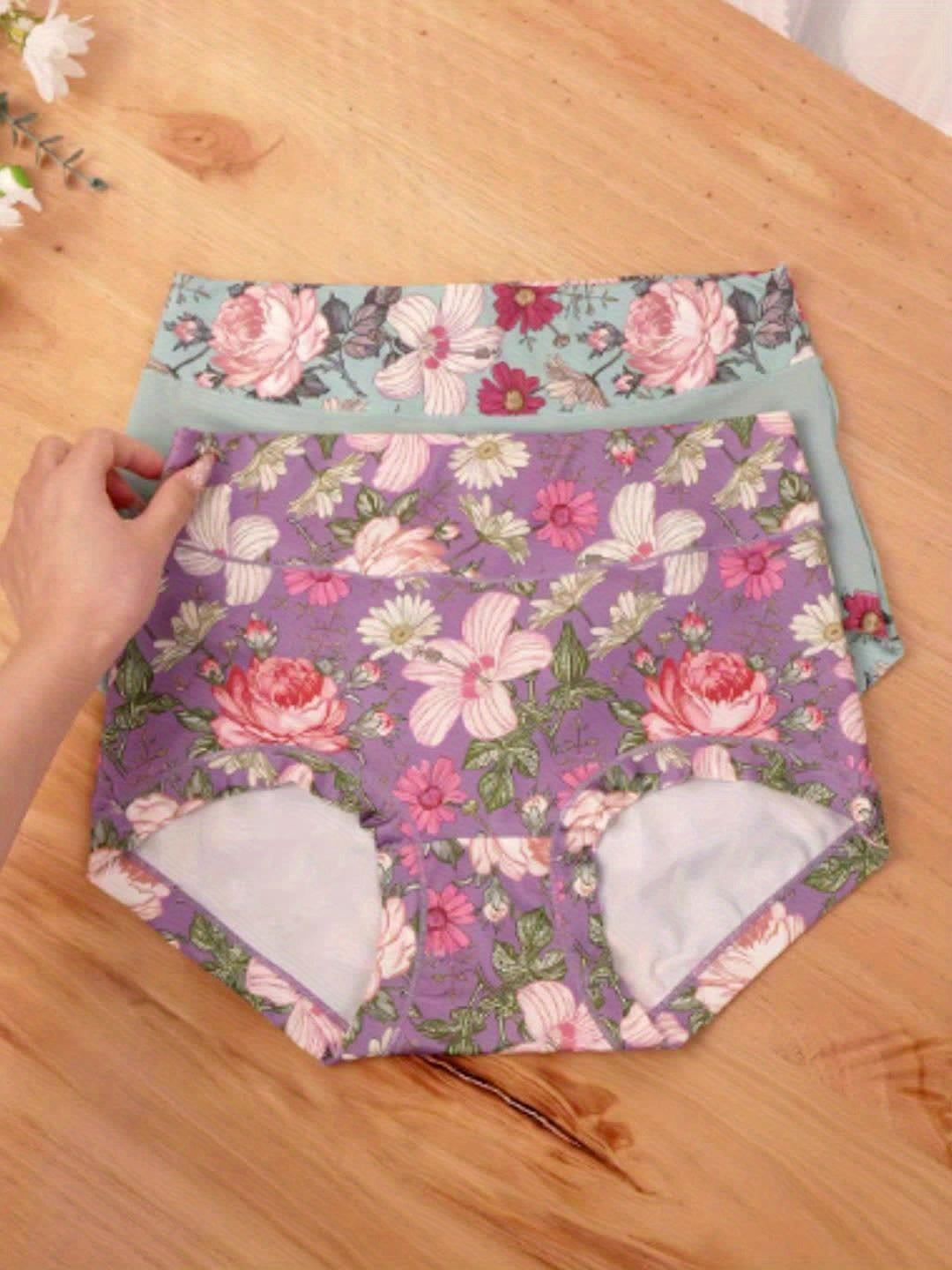 5pcs Plus Size Elegant Panties Women's Floral Print High Waisted Soft Briefs