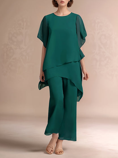 Women'S Chiffon Short Sleeve 2pcs Set Solid Color Irregular Elegant Party Fashion Suit