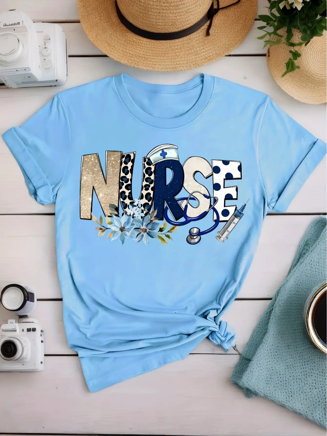 Women's Nurse Print T-Shirt with -Themed Design - Short Sleeve Round Neck Loose Fit Top, Breathable & Machine Washable, Vibrant Turquoise Blue with Stethoscope & Syringe Print, Fun Nursing Apparel for Spring Summer Fall Casual Wear, Ideal for Nurses Day &