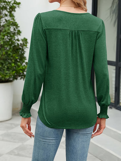 Women'S Autumn Puff Long Sleeve Tunic Tops Pleated Crew Neck Shirts Blouses Casual Loose T-Shirts