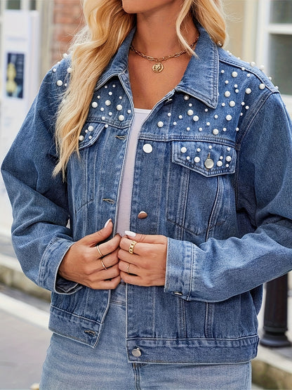 [Pearl Beaded Denim] Women's Denim Jacket, Pearl Beaded, Front Button, Blue Wash Denim, Suitable for Casual, Party, Etc., Party Coat | Pearl Embellished Denim