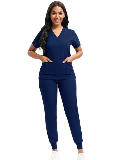[Scrub Suit Set] Scrub Suit Set For Women Modern V-Neck Top T-Shirt & Tapered Leg Jogger Pants With Drawstring 2pcs Set Nursing Uniforms Set Suitable For Pet Hospitals, Dental Clinics, Nursing Work, Etc