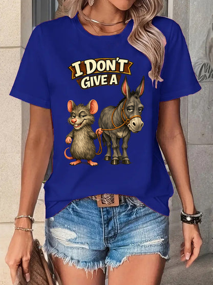 Humorous And Satirical Mouse And Donkey Meme T-Shirt - "I Don'T Care" Design Featuring Donkey And Mouse Characters - Women'S Universal Soft And Breathable Top - Casual Meme T-Shirt for Adult Women