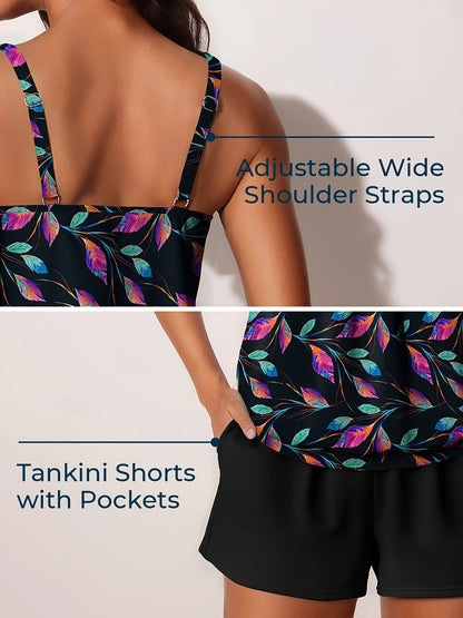 Modest Tummy Control Blouson Women'S Tankini Swimsuits Bathing Suits Swim Shorts With Pockets For Beach