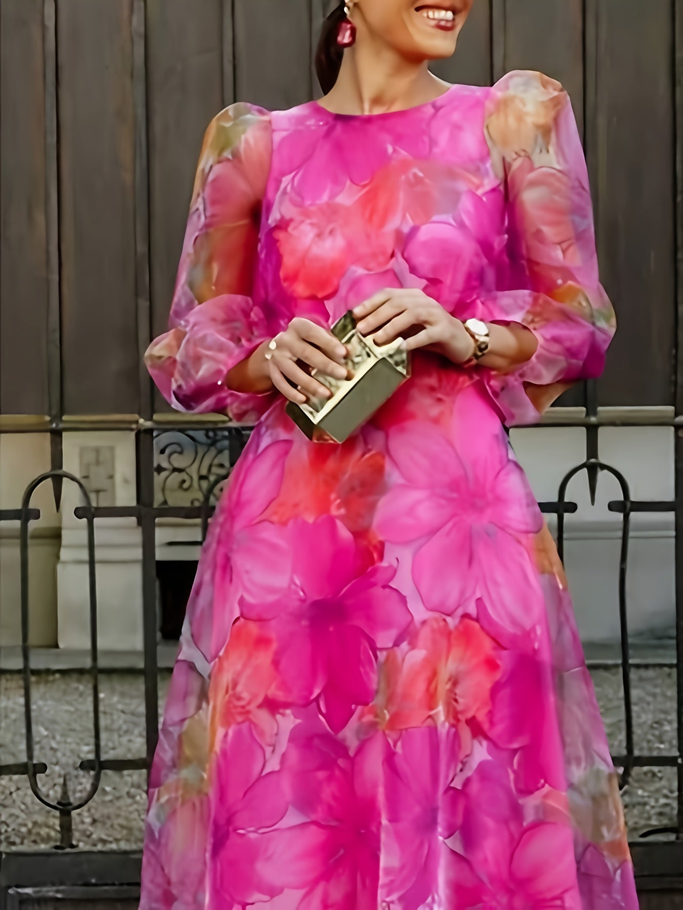 [Wedding Guest Party] Women's Floral Print Chiffon Maxi Dress - Elegant Ombre Gradient Long Sleeve Dress with Back Zipper, Wedding Guest Party Dress, Flowy Sunset Dress