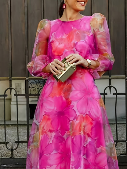 [Wedding Guest Party] Women's Floral Print Chiffon Maxi Dress - Elegant Ombre Gradient Long Sleeve Dress with Back Zipper, Wedding Guest Party Dress, Flowy Sunset Dress