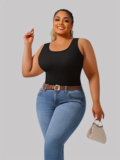 Big U Beauty 2-in-1 Backless Ribbed Base Vest with Built-In Pads & Coasters - High-Elasticity Striped Slim Fit Sleeveless Top for Plus Size Women, Casual Elegant Layering Essential