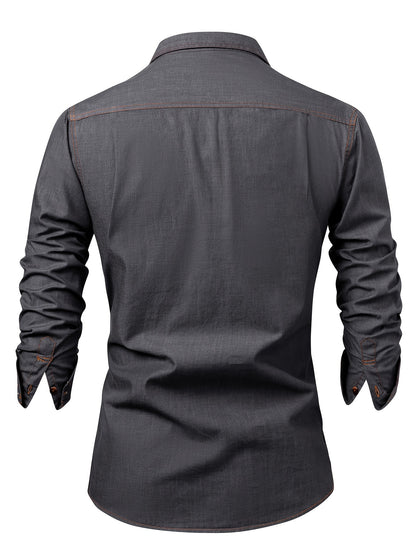 A Stylish Men's Casual Shirt With Long Sleeves And A Jacket, A New Spring And Autumn Men's Top With A Solid Color Pocket Design And A Lapel Collar.