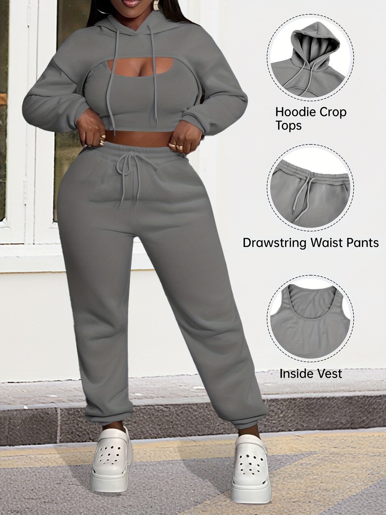 Women'S 3pcs Sweatsuits Sets Sexy Super Cropped Hoodie Tank Top And High Waisted Jogger Sweatpants Matching Loungewear Athleisure Outfits